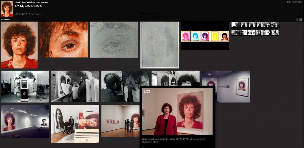 Capture d'écran du catalogue raisonné en ligne de l'oeuvre de Chuck Close. Ici une oeuvre mise en relation avec de nombreux documents