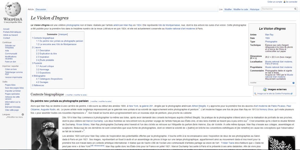 Capture d'écran de l'article "Le violon d'Ingres" après enrichissement lors du partenariat Wikimédia/Centre Pompidou